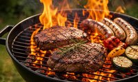 Zwei Steaks, mehrere Würste sowie Zucchetti und Peperoni werden auf einem Holzkohlegrill über offenen Flammen grilliert. Die Szene vermittelt die Stimmung eines sommerlichen Grillplauschs.
