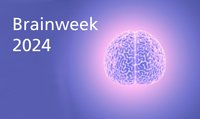 Bild eines rosa leuchtenden Gehirns auf violettem Hintergrund. Ein Schriftzug: "Brainweek 2024"