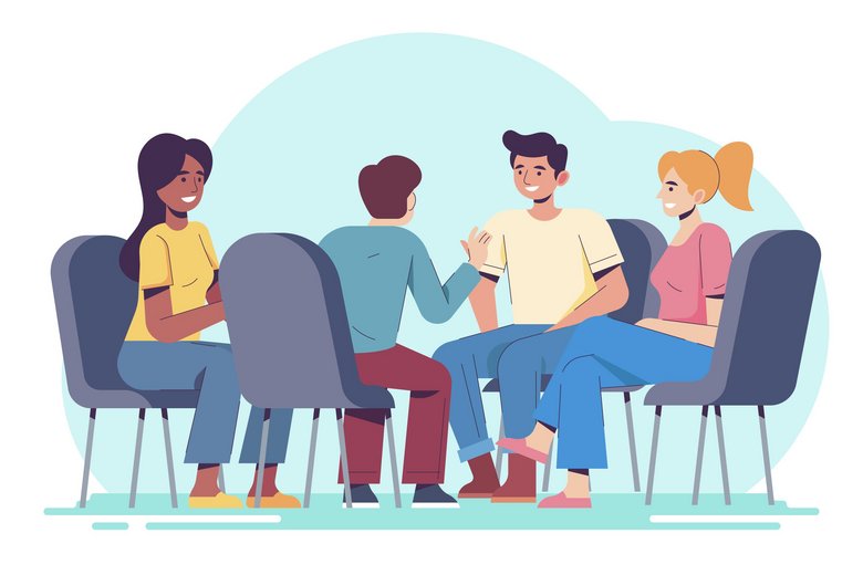 Illustration d'un groupe de personnes, assises sur des chaises, elles discutent ensemble