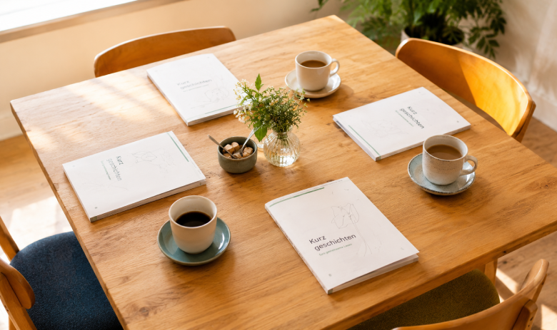 Einladend gedeckter Tisch für Shared Reading mit vier Kurzgeschichten, Kaffeetassen und einer kleinen Blumenvase.
